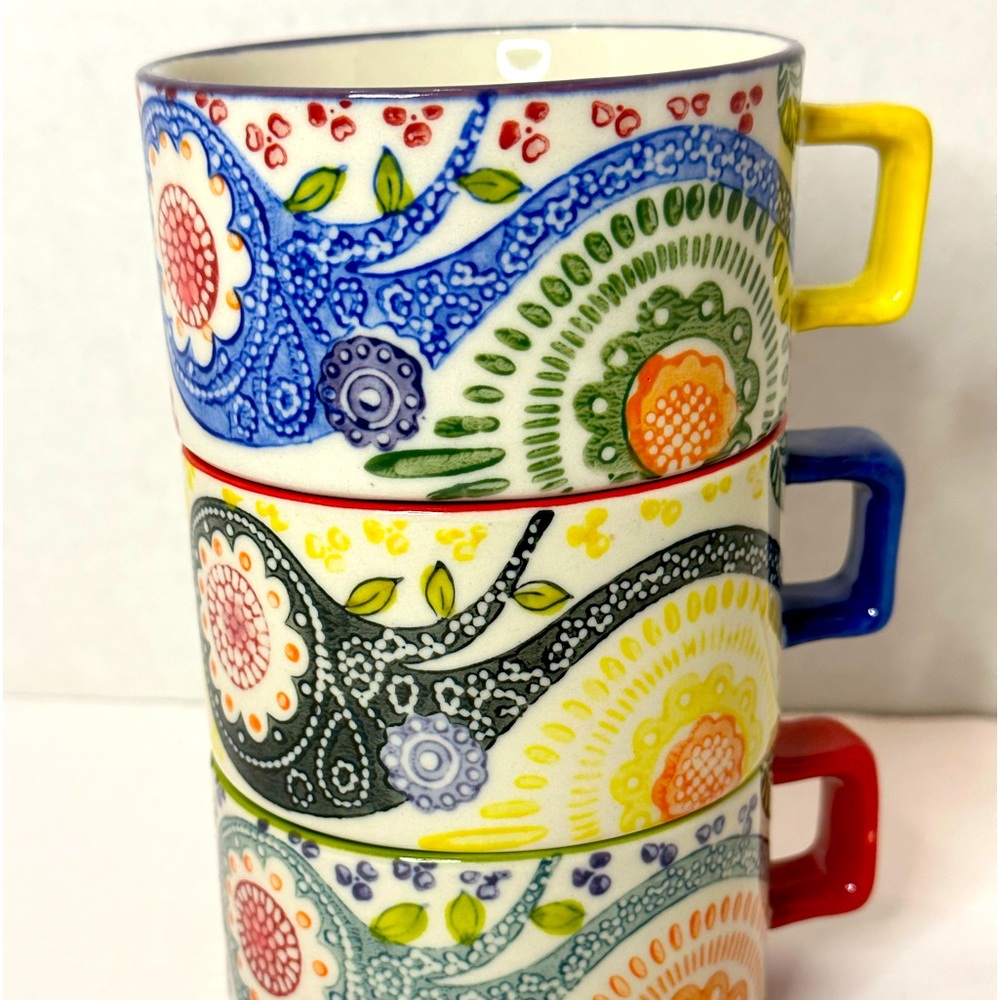 Pier 1 Paisley Stacking Hand Painted Porcelain Mugs Cups Set of 3